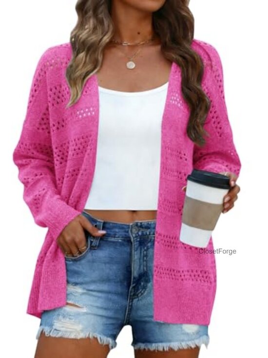 Sweaters - Crochet Cardigan Lightweight Open Front Kimono Long Sleeve V-Neck Loose Fit Knit